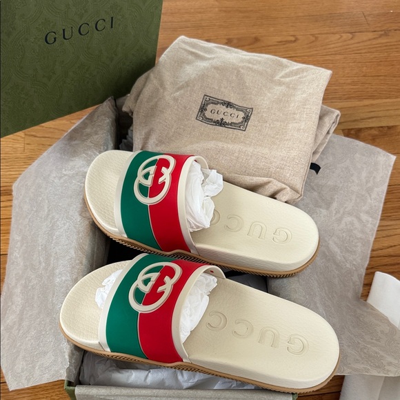 Gucci Shoes - Gucci Cream Slides with Green & Red Web and Gold GG